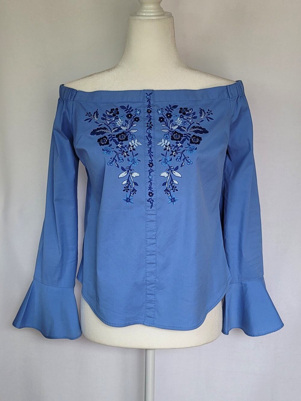 Boho EXPRESS Embroidered Blue Off the Shoulder Long Flutter Sleeve Top Size M